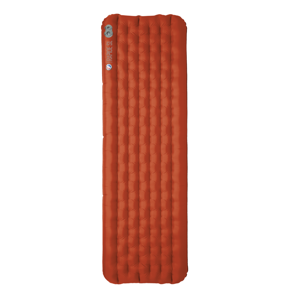 Orange inflatable sleeping pad on a white background