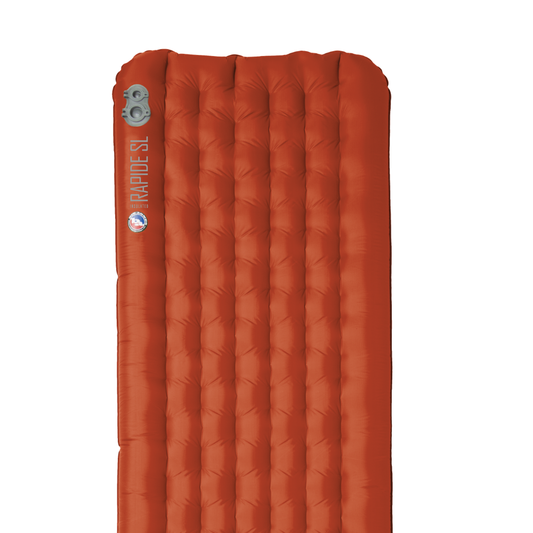 Orange inflatable sleeping pad with brand logo on a white background