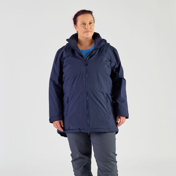 Person wearing a navy raincoat on a light gray background