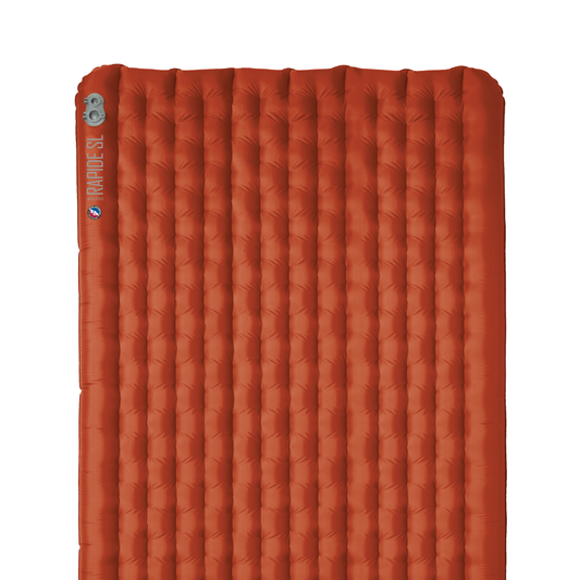 Orange inflatable sleeping pad with brand logo on a white background