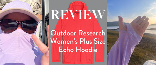three images of a woman's top with text saying Review - Outdoor Research Women's Plus Size Echo Hoodie