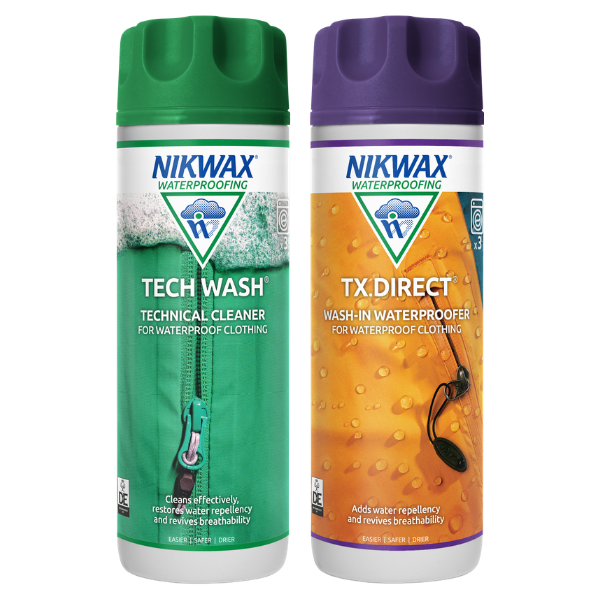 Nikwax Tech Wash and TX.Direct Wash-In Twin Pack 300ml for waterproofing and cleaning outdoor jackets