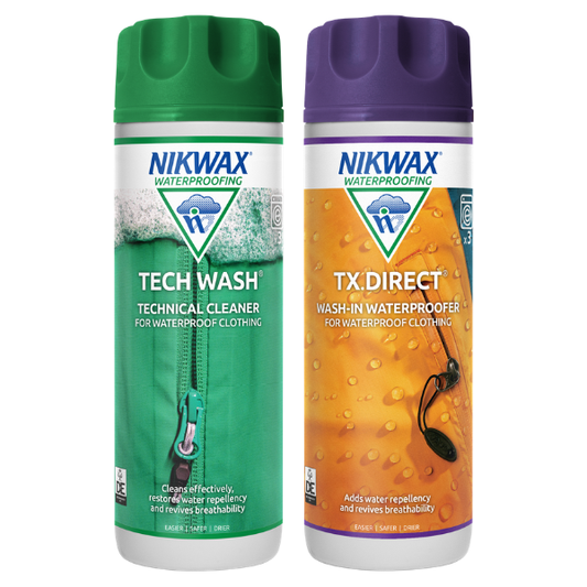 Nikwax Tech Wash and TX.Direct Wash-In Twin Pack 300ml for waterproofing and cleaning outdoor jackets