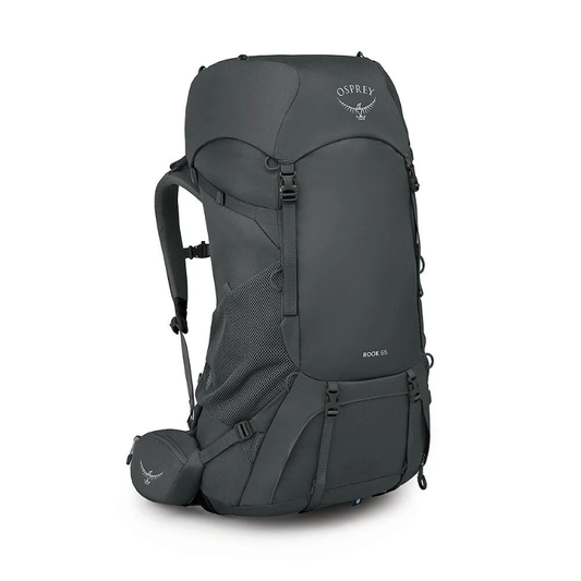 Osprey Rook 65L EF backpack in black color with adjustable straps and a zippered compartment on the front.