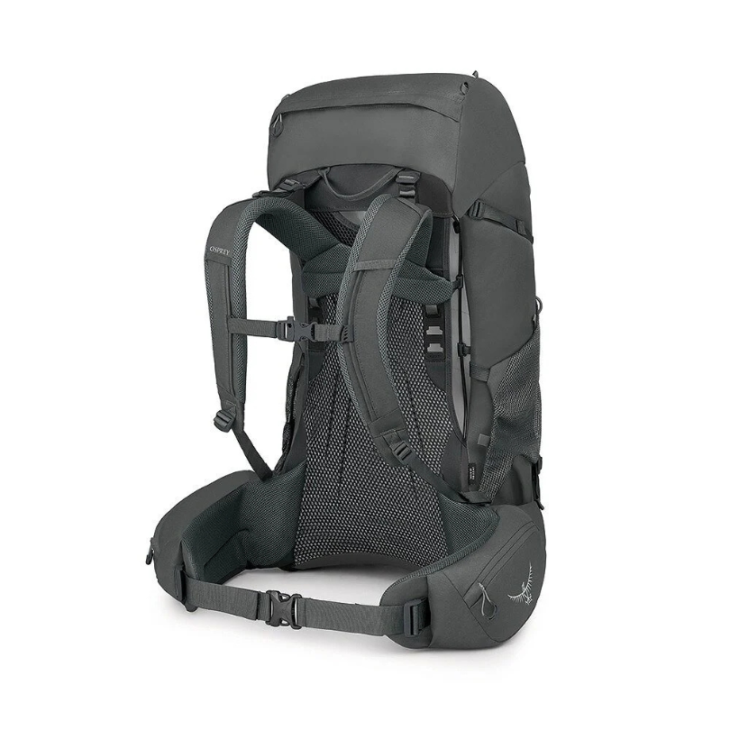 Gray backpack with multiple straps on a white background