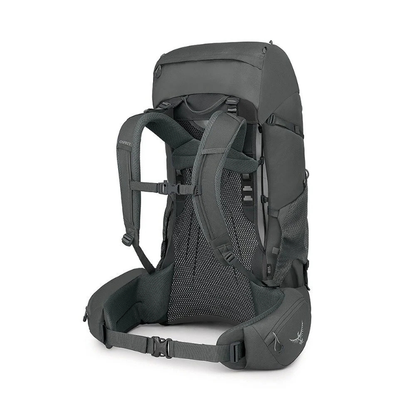 Gray backpack with multiple straps on a white background