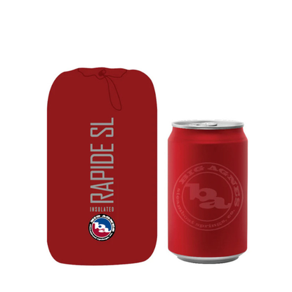 Red insulated sleeve with 'RAPIDE SL' text and a can cooler with 'big agnes' branding on a white background