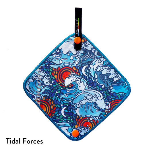 Colorful Kula Cloth with wave design labeled 'Tidal Forces' on a white background