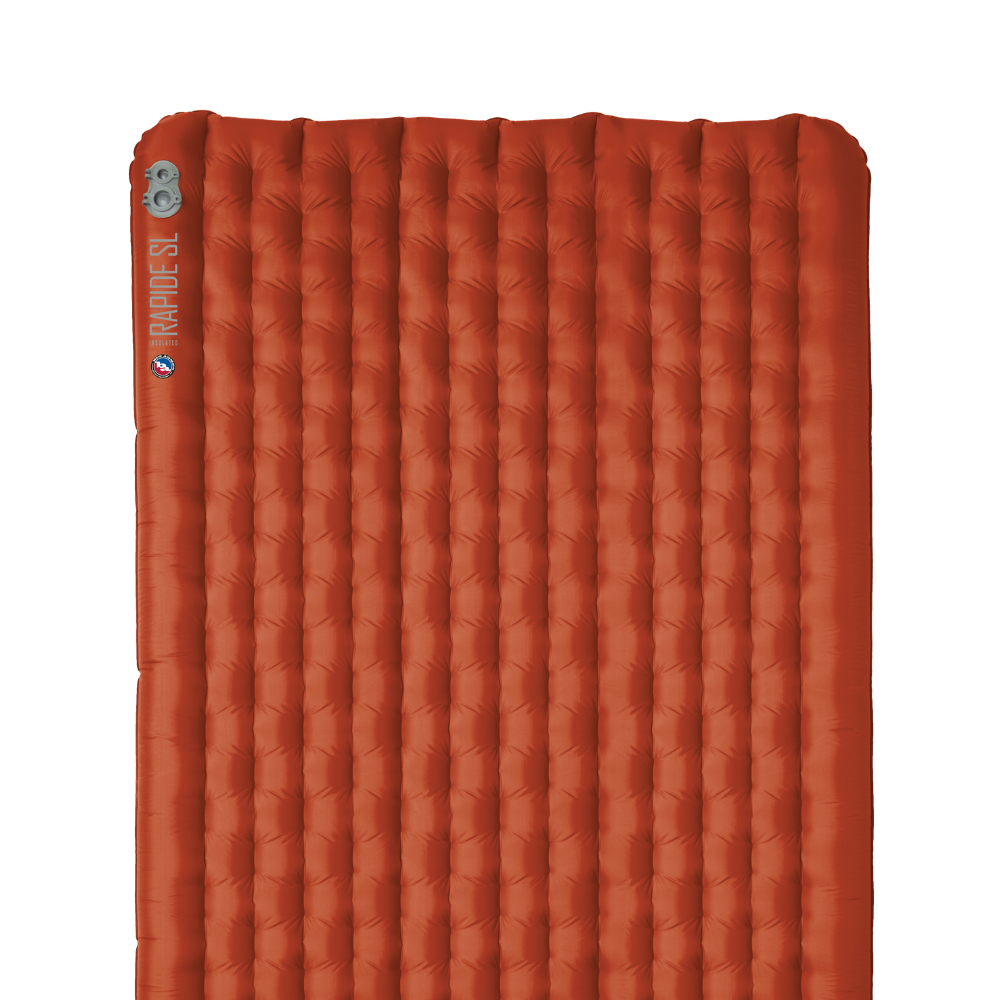 Orange inflatable sleeping pad with brand logo on a white background