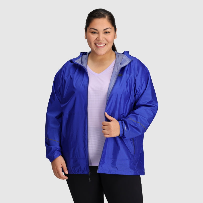 Woman deals within windbreaker